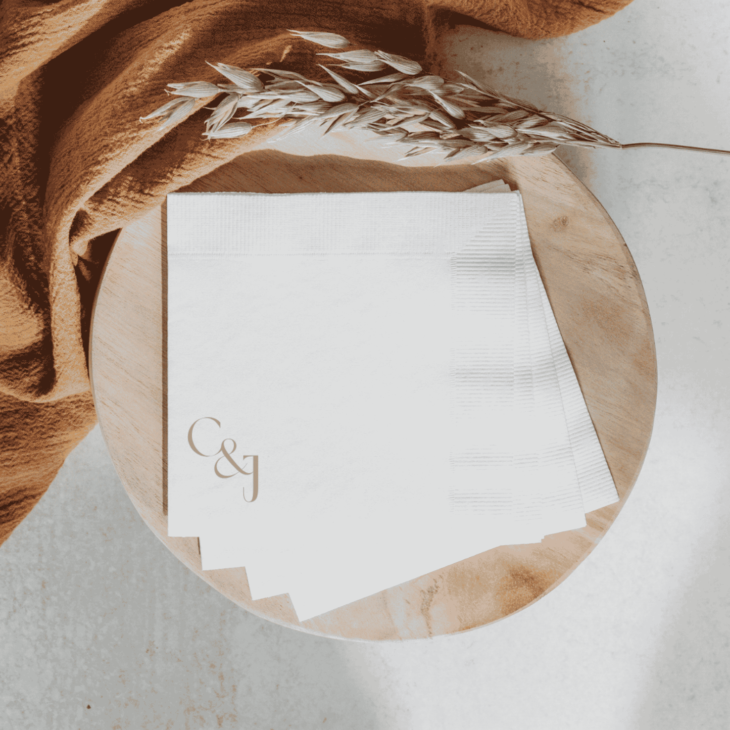 Black Tie custom cocktail napkin with monogram initials, perfect for wedding stationery or bar signage