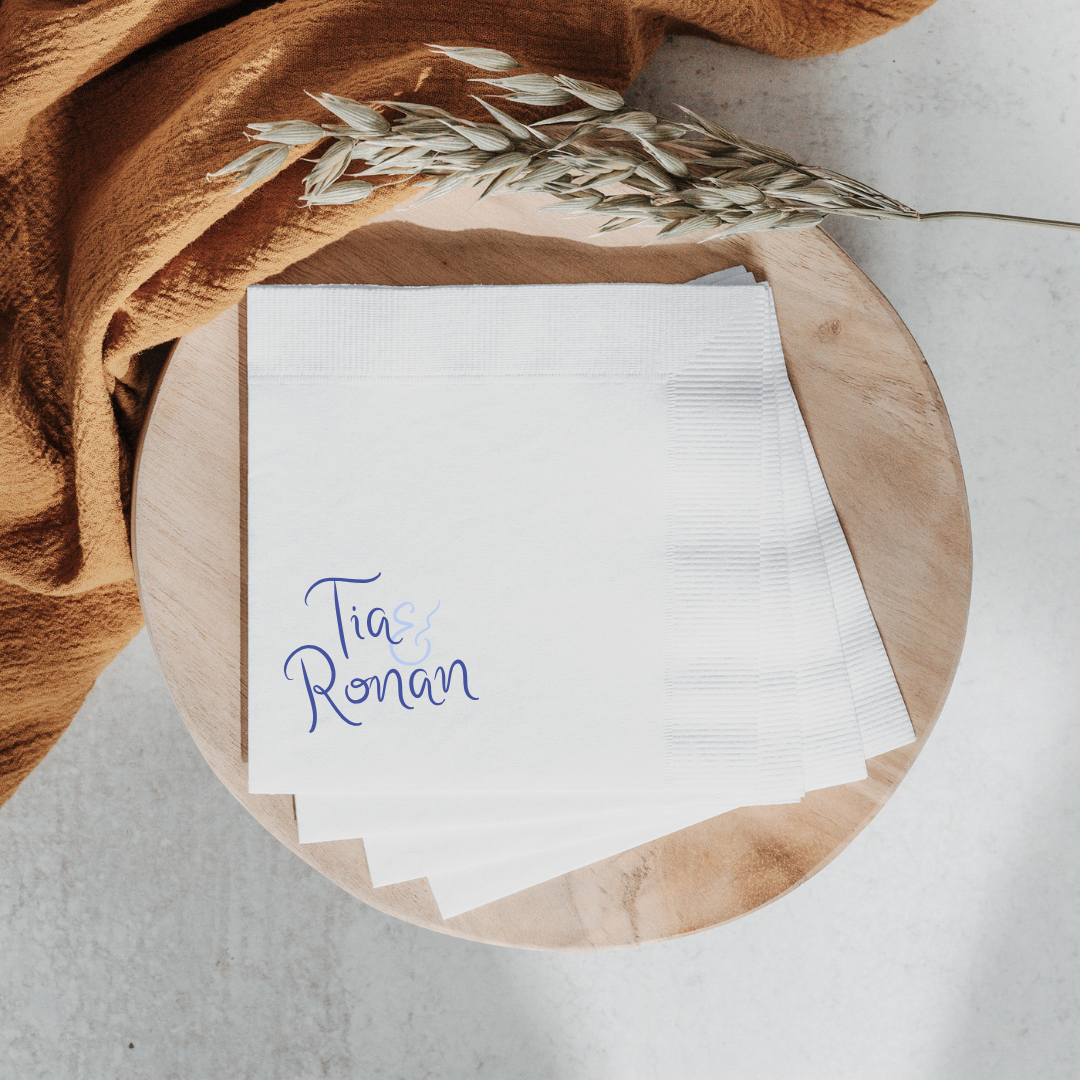 Custom wedding cocktail napkins with elegant calligraphy, perfect for Melbourne wedding stationery and event design