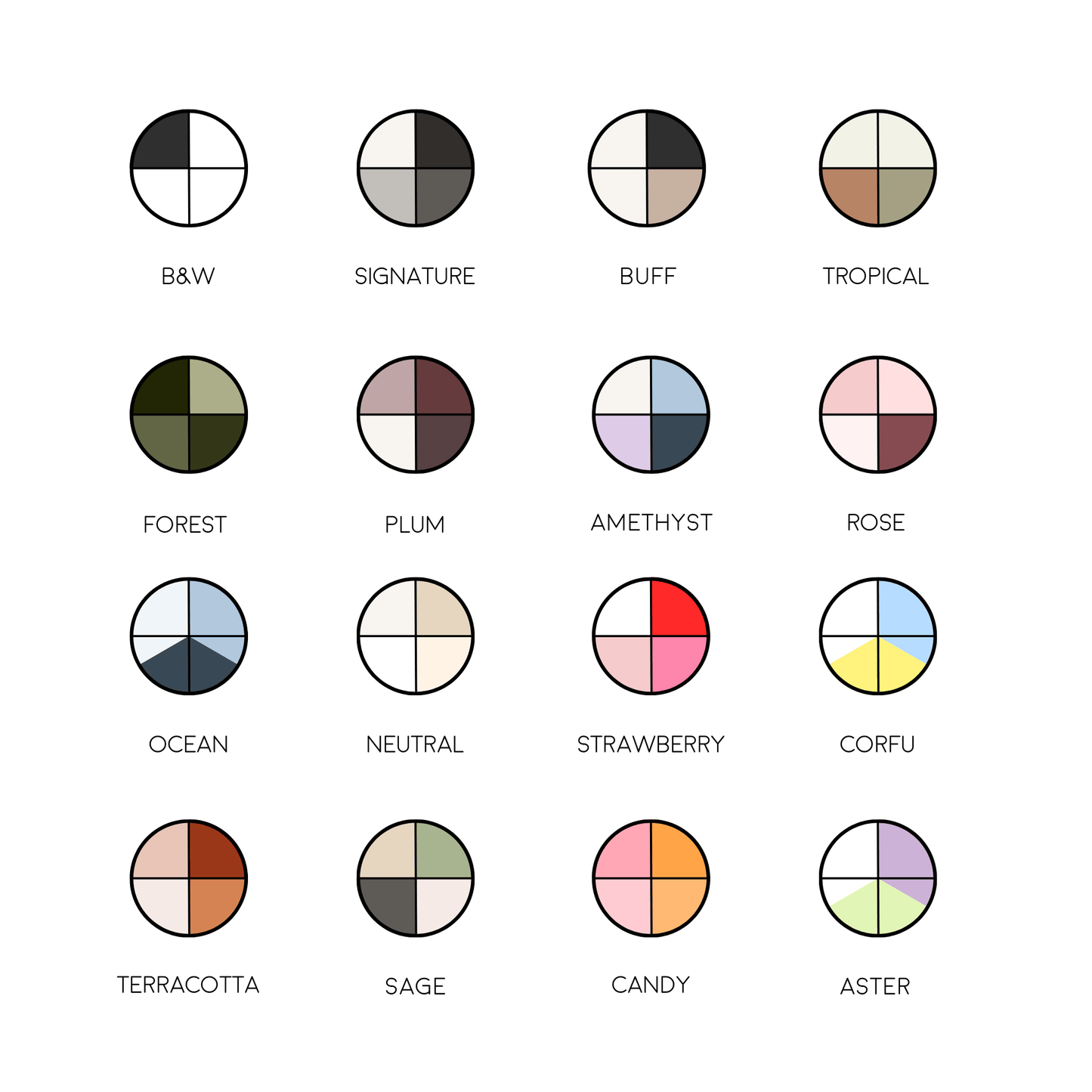 Wedding colour swatches for custom signage, menus, and stationery in modern and themed palette options