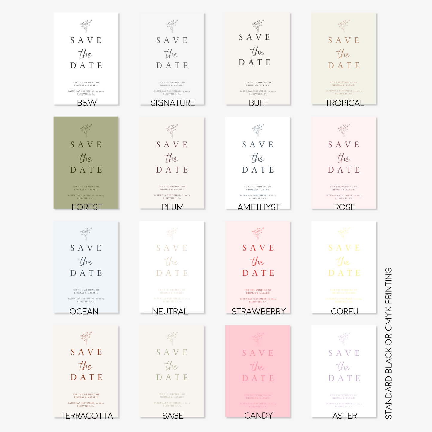 Custom save the date cards in 16 colour options – perfect handmade wedding stationery to match your wedding suites and invitations