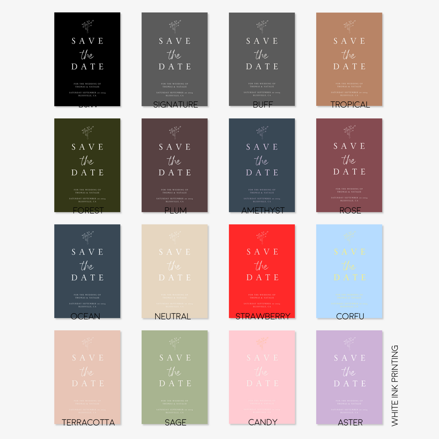 White ink custom save the date cards – available in 16 colours, perfect for handmade wedding invitations and matching wedding stationery.