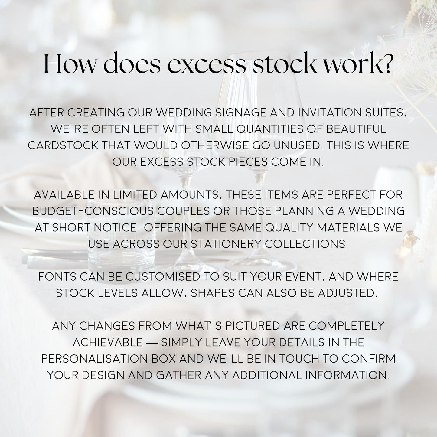Informational image explaining excess stock wedding stationery, using leftover cardstock from invitation suites