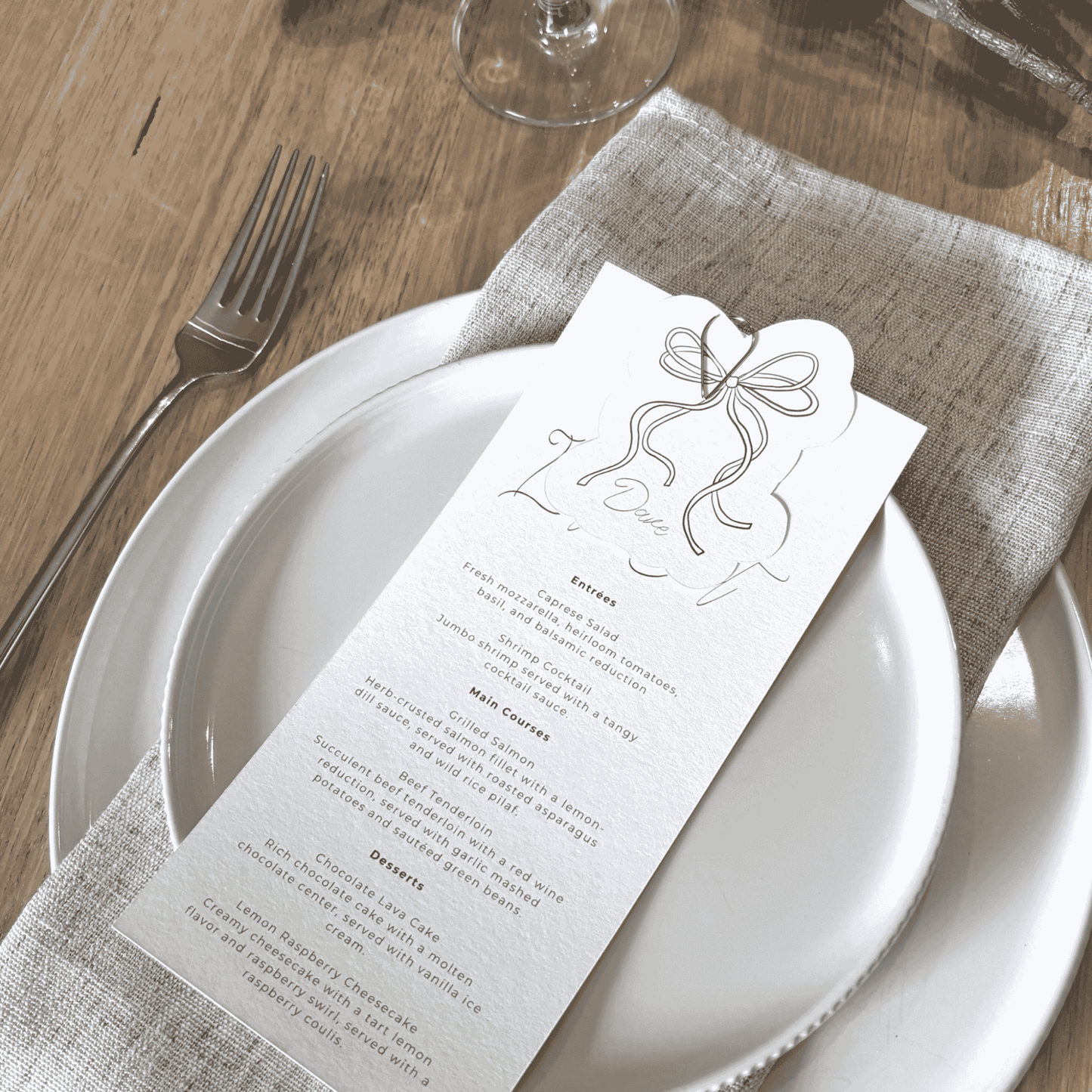 Ribbon-themed menu card for wedding invitation suites and table signs, perfect for custom wedding stationery