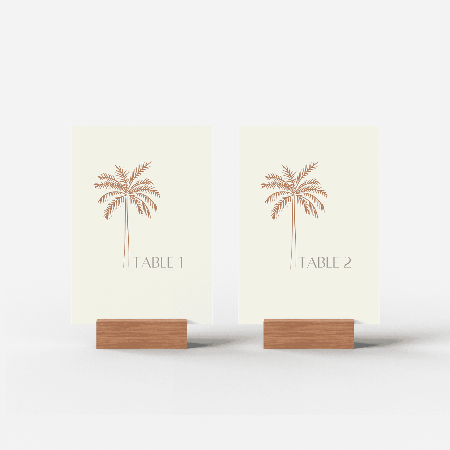 Palm table number one and two signs with tropical palm tree design for stylish wedding décor