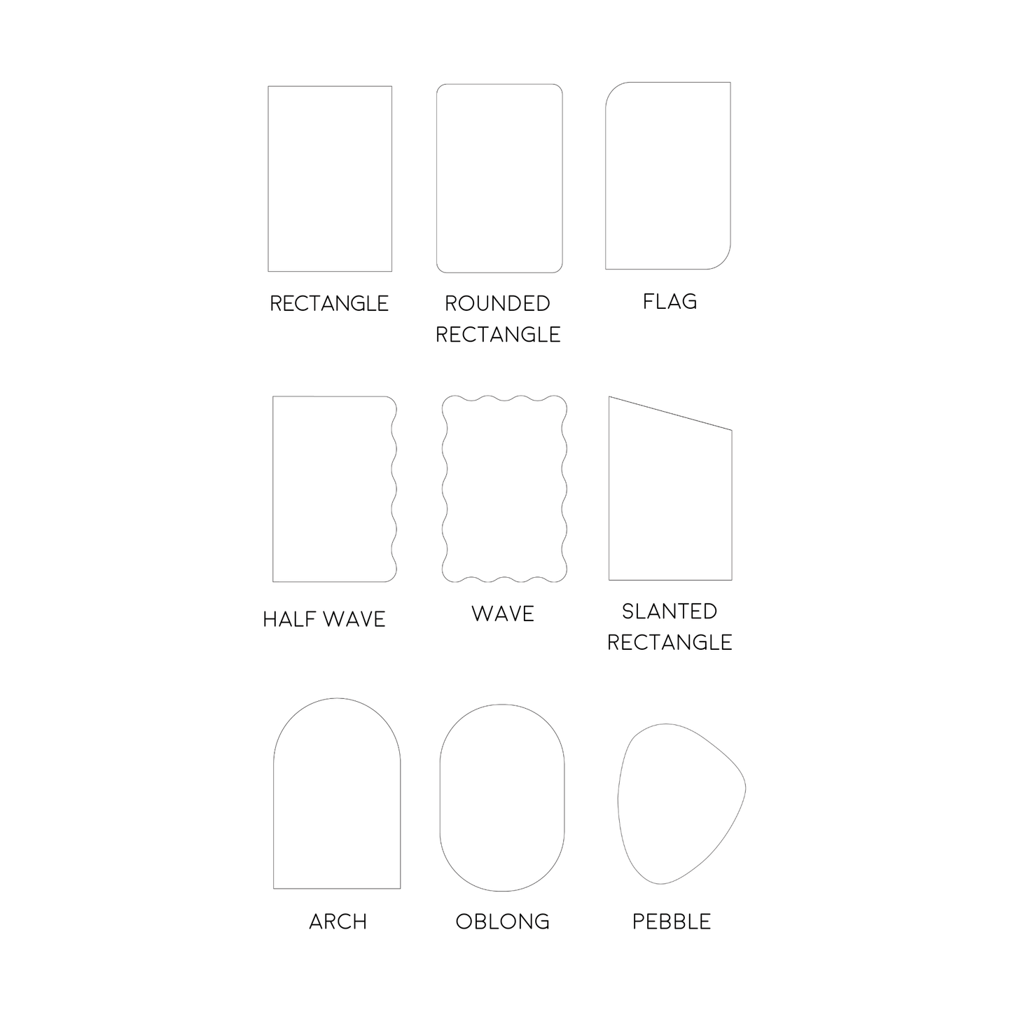 Shape options for custom table signs, menus, and stationery designs including arch, wave, flag, pebble, and more
