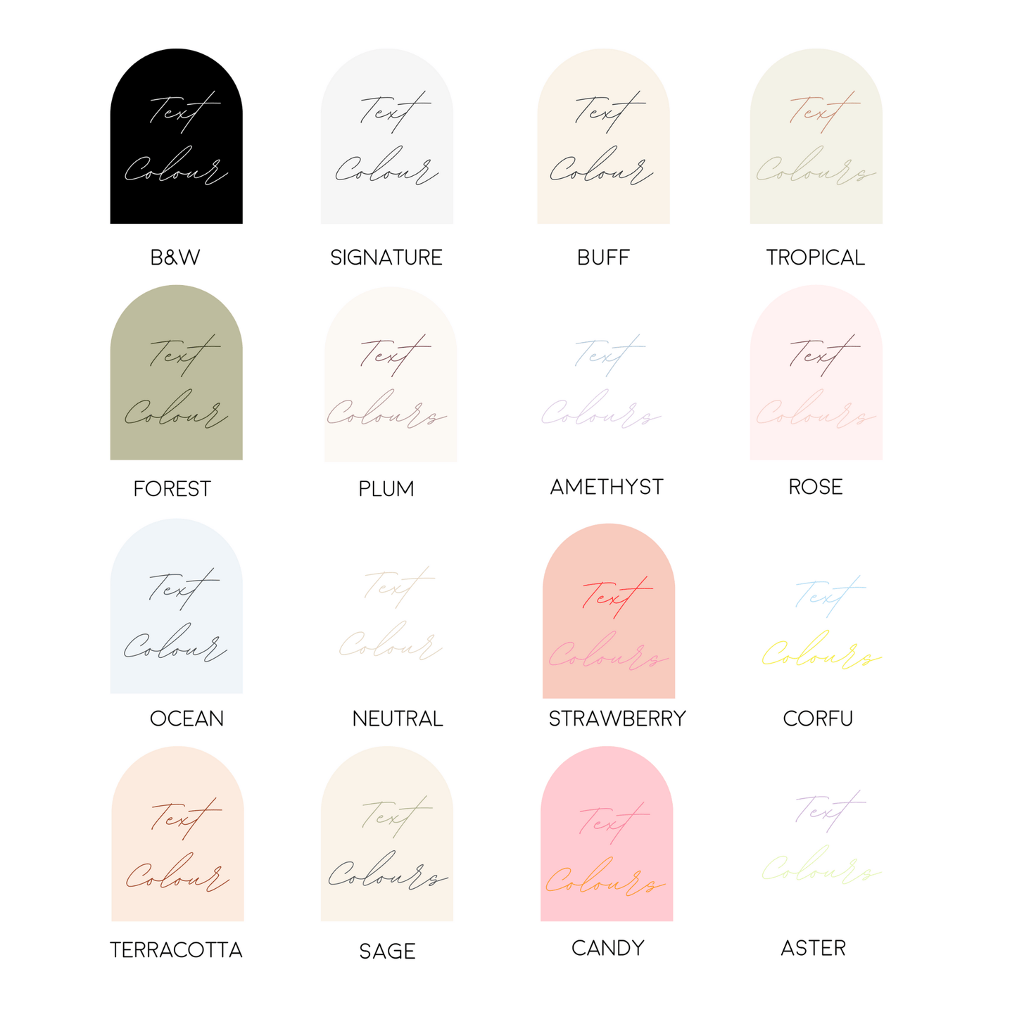 Wedding sign text colour options for custom wedding signage and table setting signs