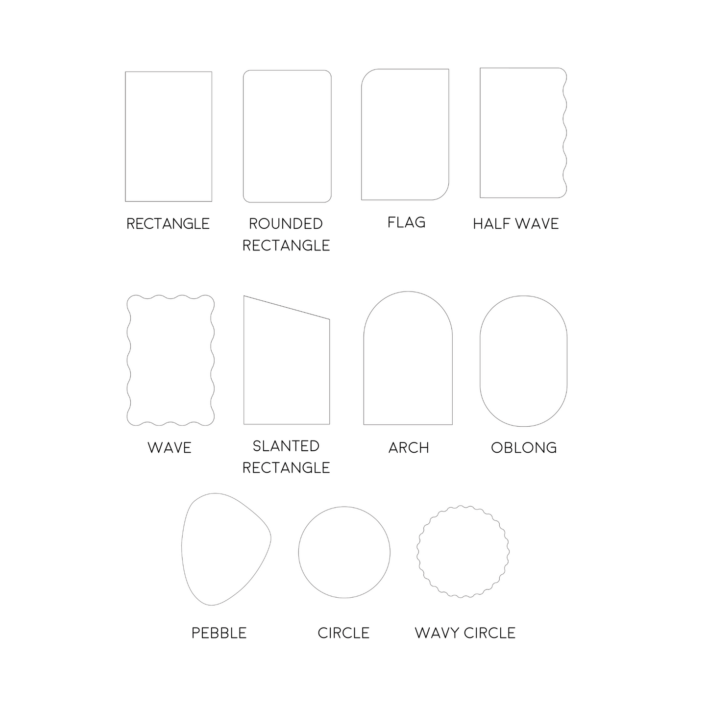 Shape options for custom table signs, menus, and stationery designs including arch, wave, flag, pebble, and more