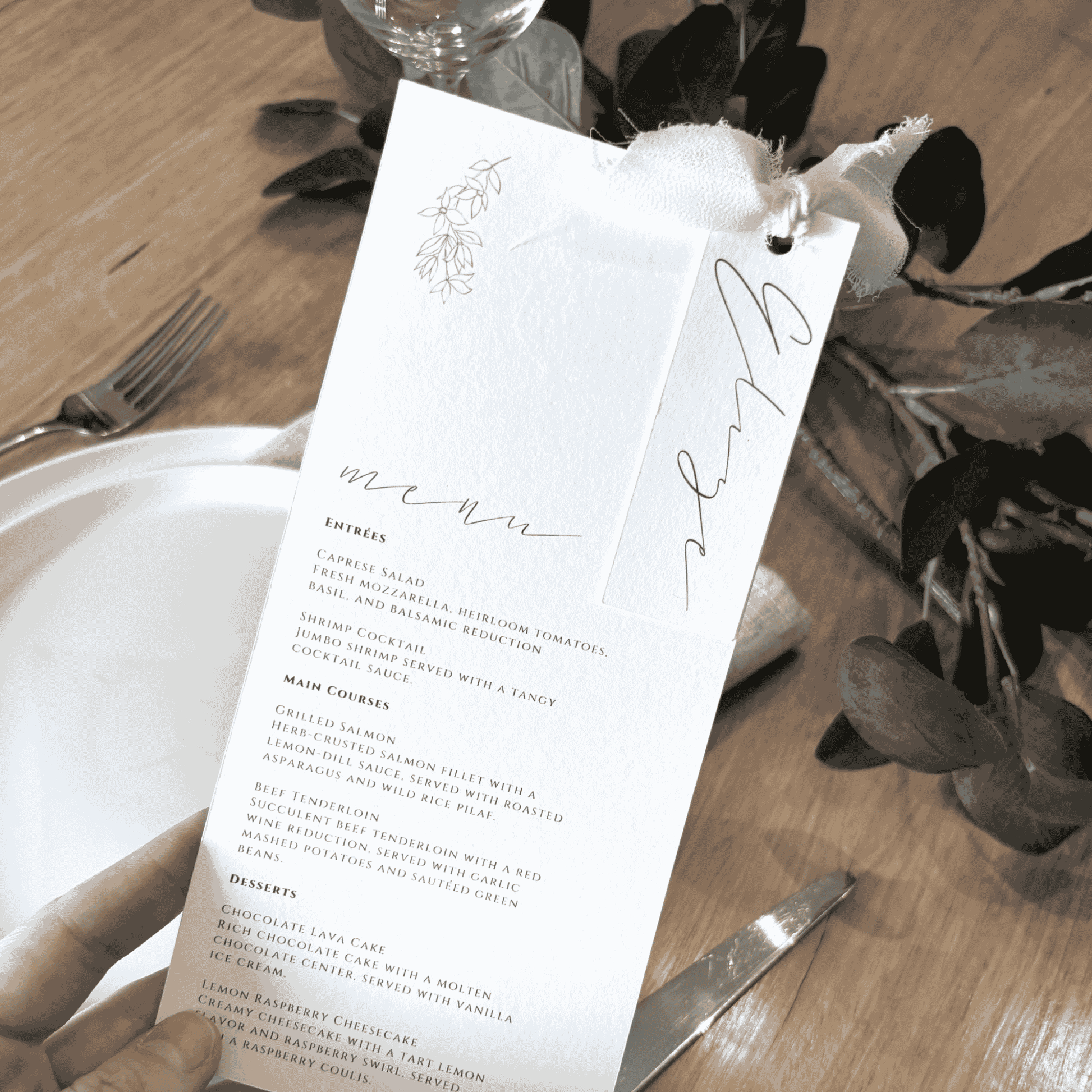 Flora wedding menu card with ribbon styling for wedding invitation suites wedding stationery and table settings