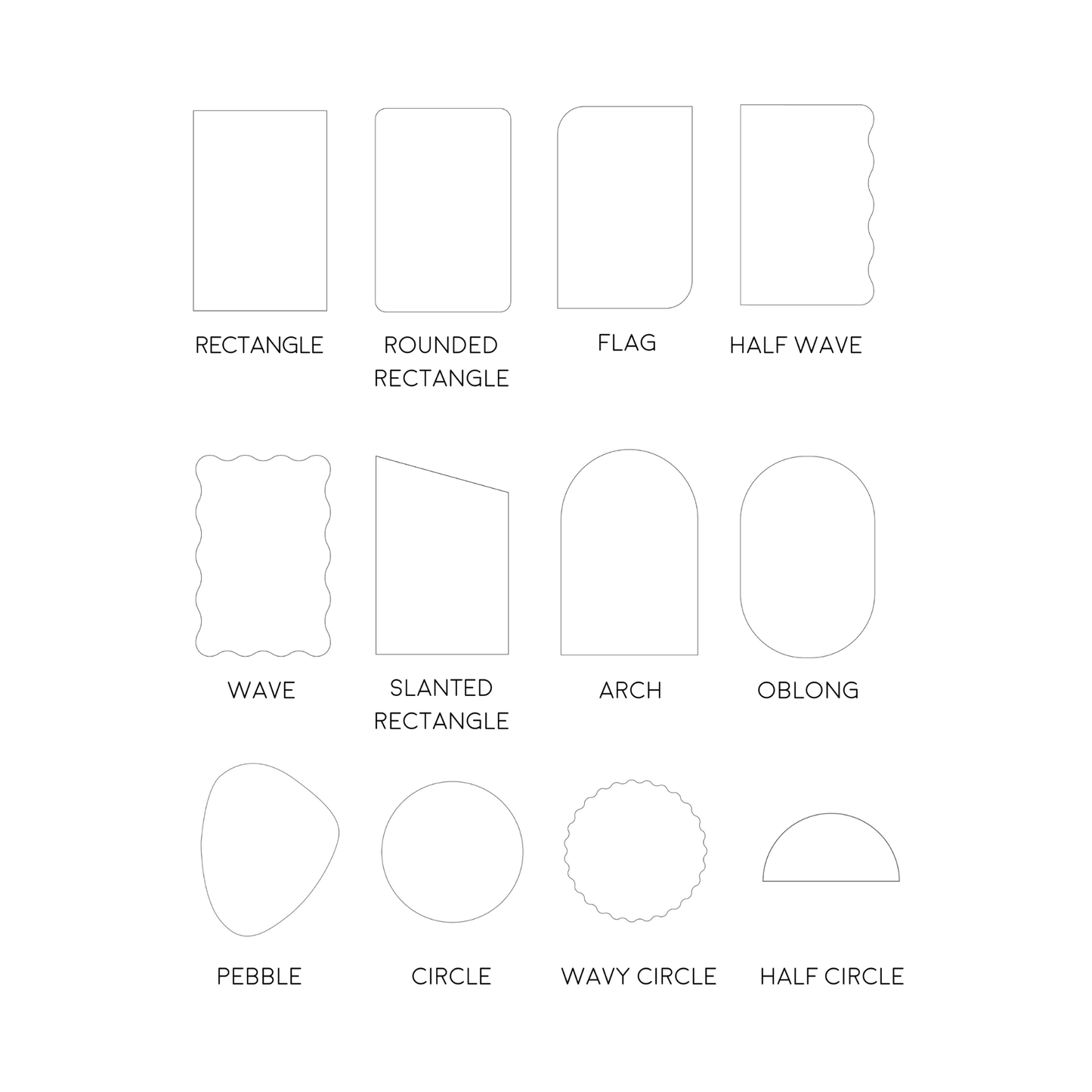 Wedding bar sign shape options including arch, rectangle and wave styles for wedding signage and event design