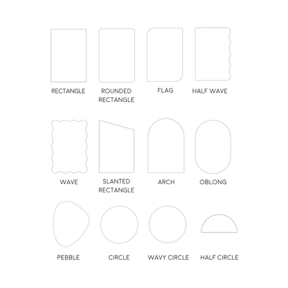 Wedding bar sign shape options including arch, rectangle and wave styles for wedding signage and event design