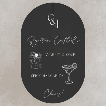 Black Tie wedding bar sign with signature cocktails, modern wedding signage and custom wedding stationery
