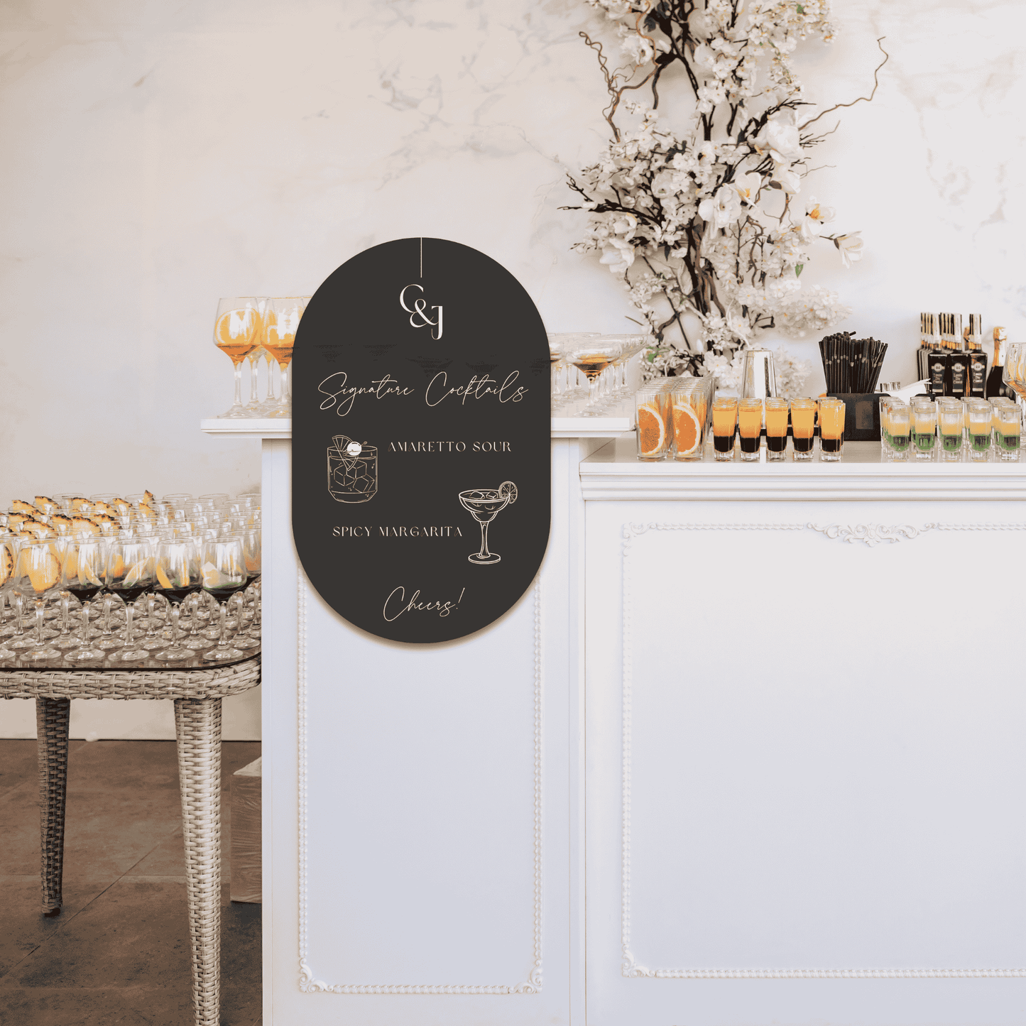 Black Tie wedding bar sign displayed at reception bar, stylish wedding signage for signature cocktails