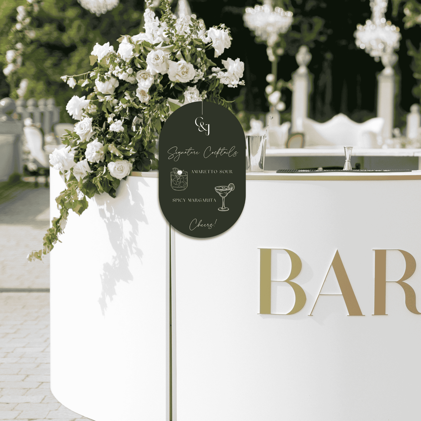 Black Tie wedding bar sign at outdoor reception bar, wedding decoration and cocktail menu signage