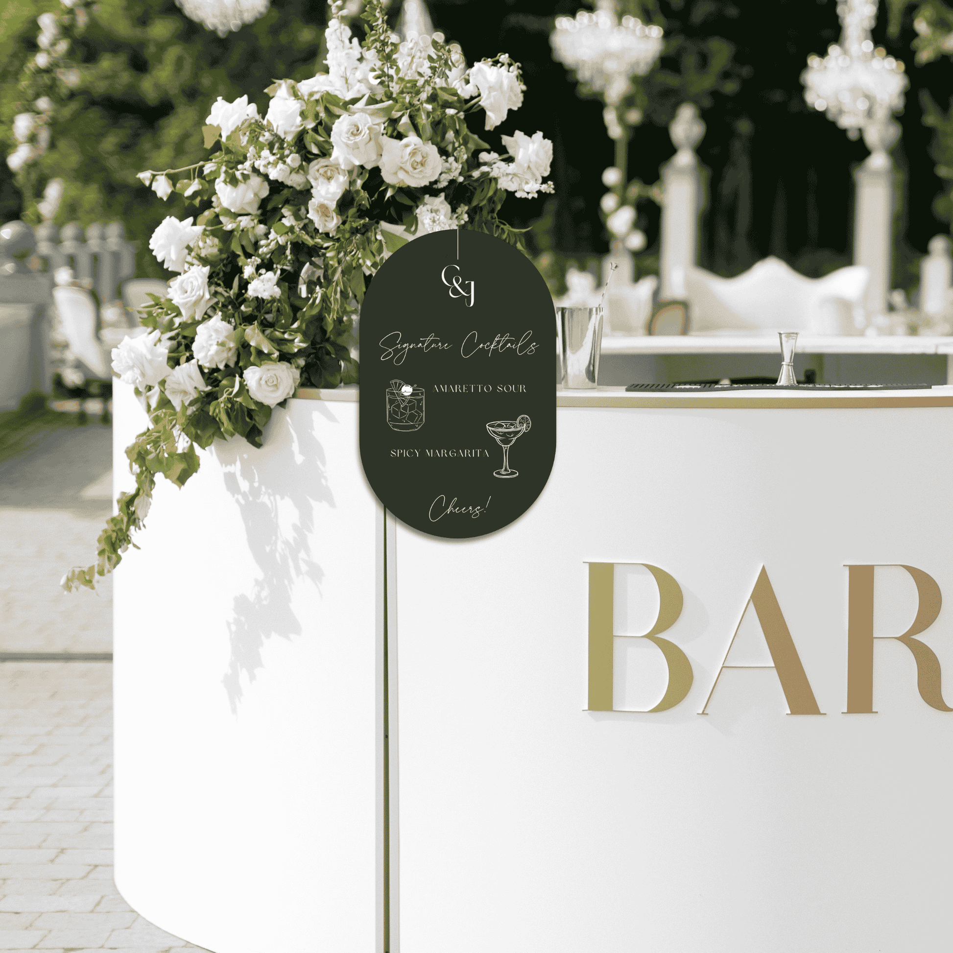 Black Tie wedding bar sign at outdoor reception bar, wedding decoration and cocktail menu signage