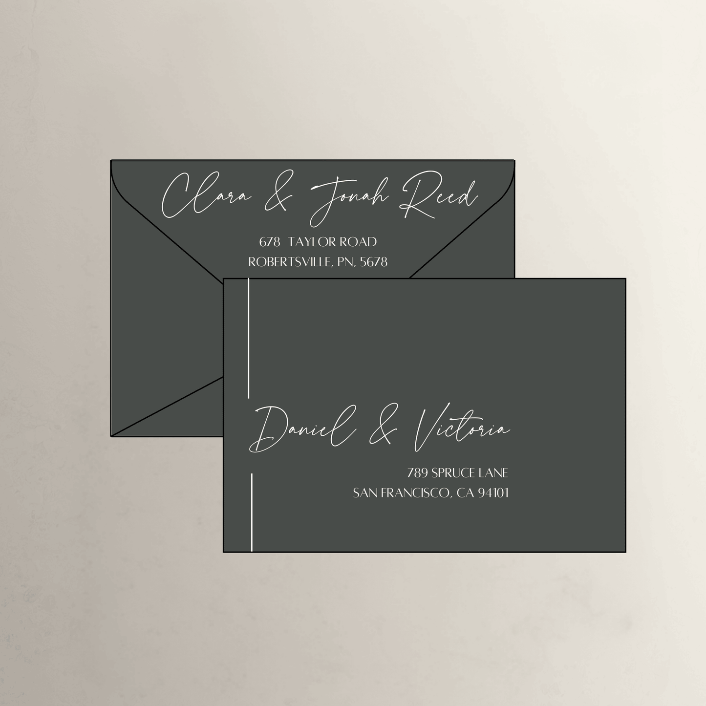 Black Tie printed wedding invitation envelope in deep hunter green for modern wedding stationery and custom suites