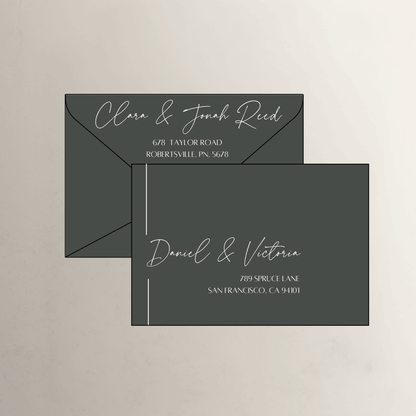 Black Tie printed wedding invitation envelope in deep hunter green for modern wedding stationery and custom suites