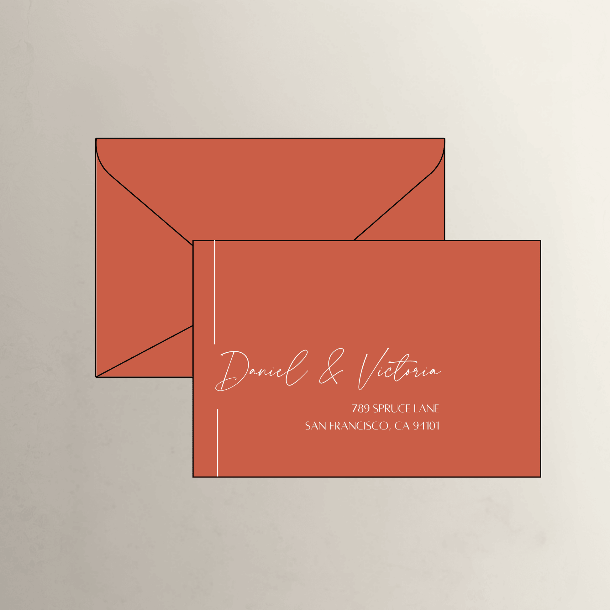 Black Tie printed wedding invitation envelope in warm rust orange for unique wedding invitations and handmade stationery