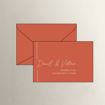 Black Tie printed wedding invitation envelope in warm rust orange for unique wedding invitations and handmade stationery