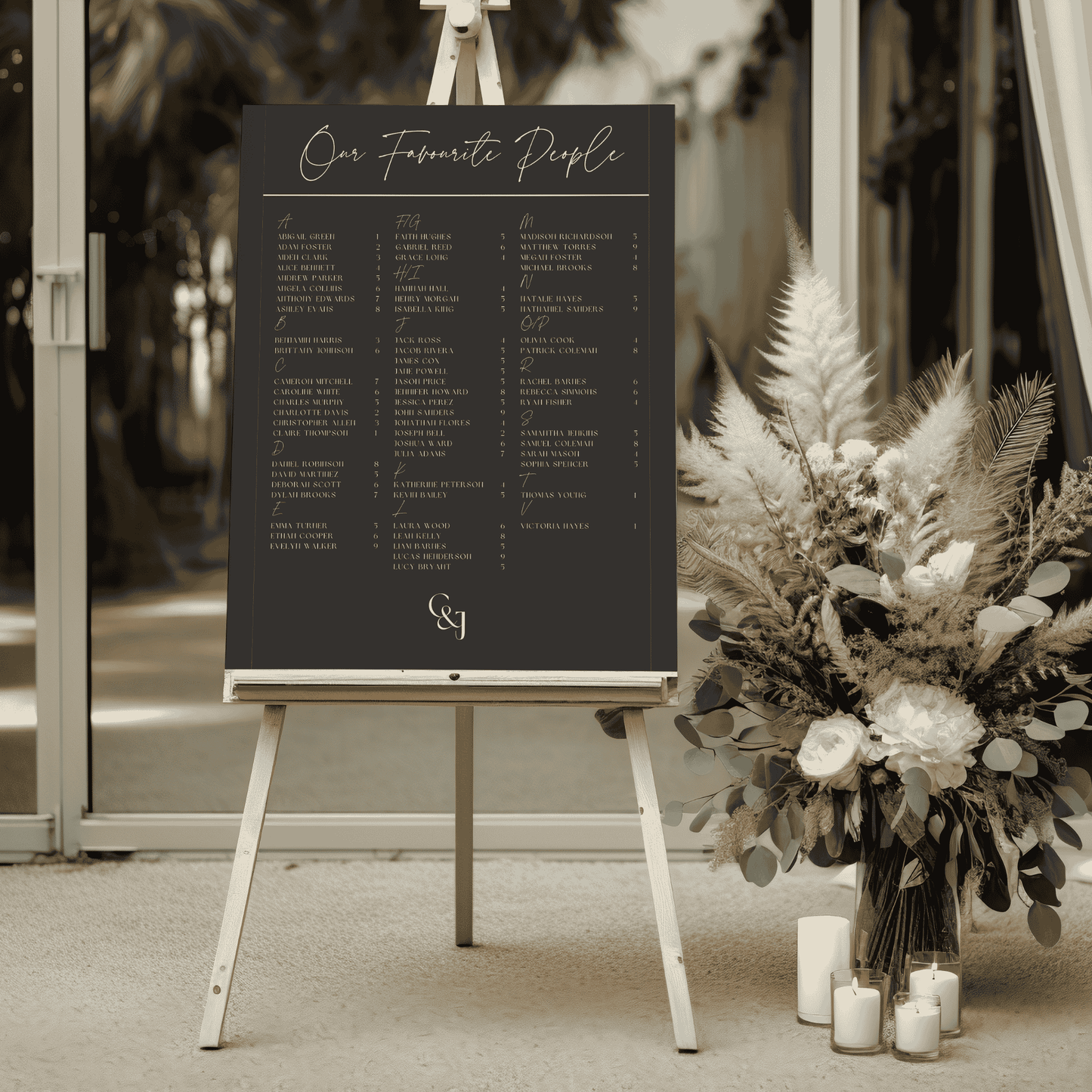 Black Tie wedding seating chart styled at reception entrance beside neutral florals and candles