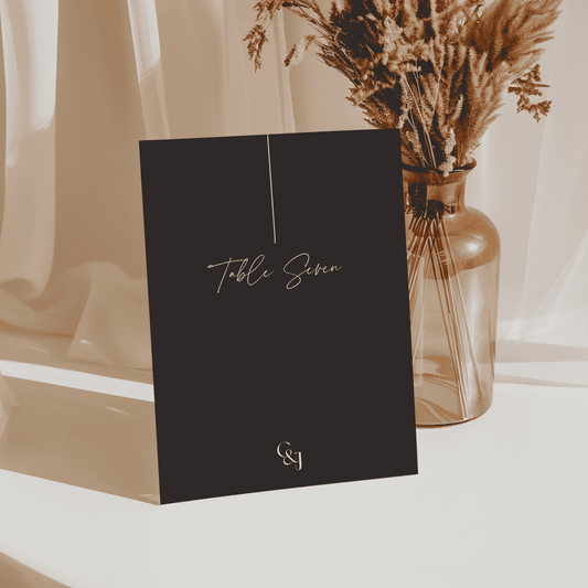 Modern black wedding table sign, perfect for reception décor and custom wedding stationery suites