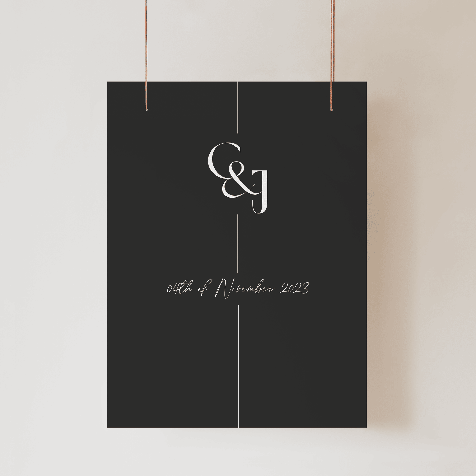 Black Tie wedding welcome sign with couple monogram and date printed on modern wedding stationery for wedding signage