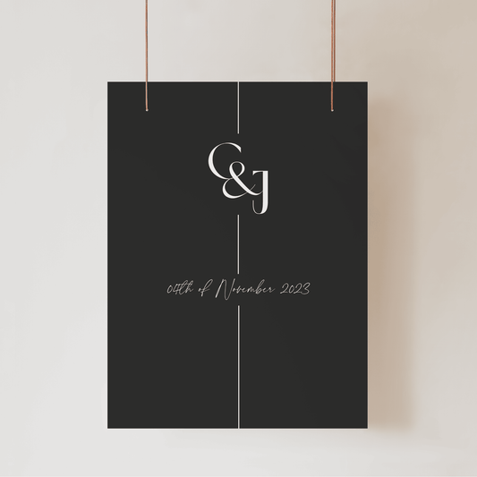 Black Tie wedding welcome sign with couple monogram and date printed on modern wedding stationery for wedding signage