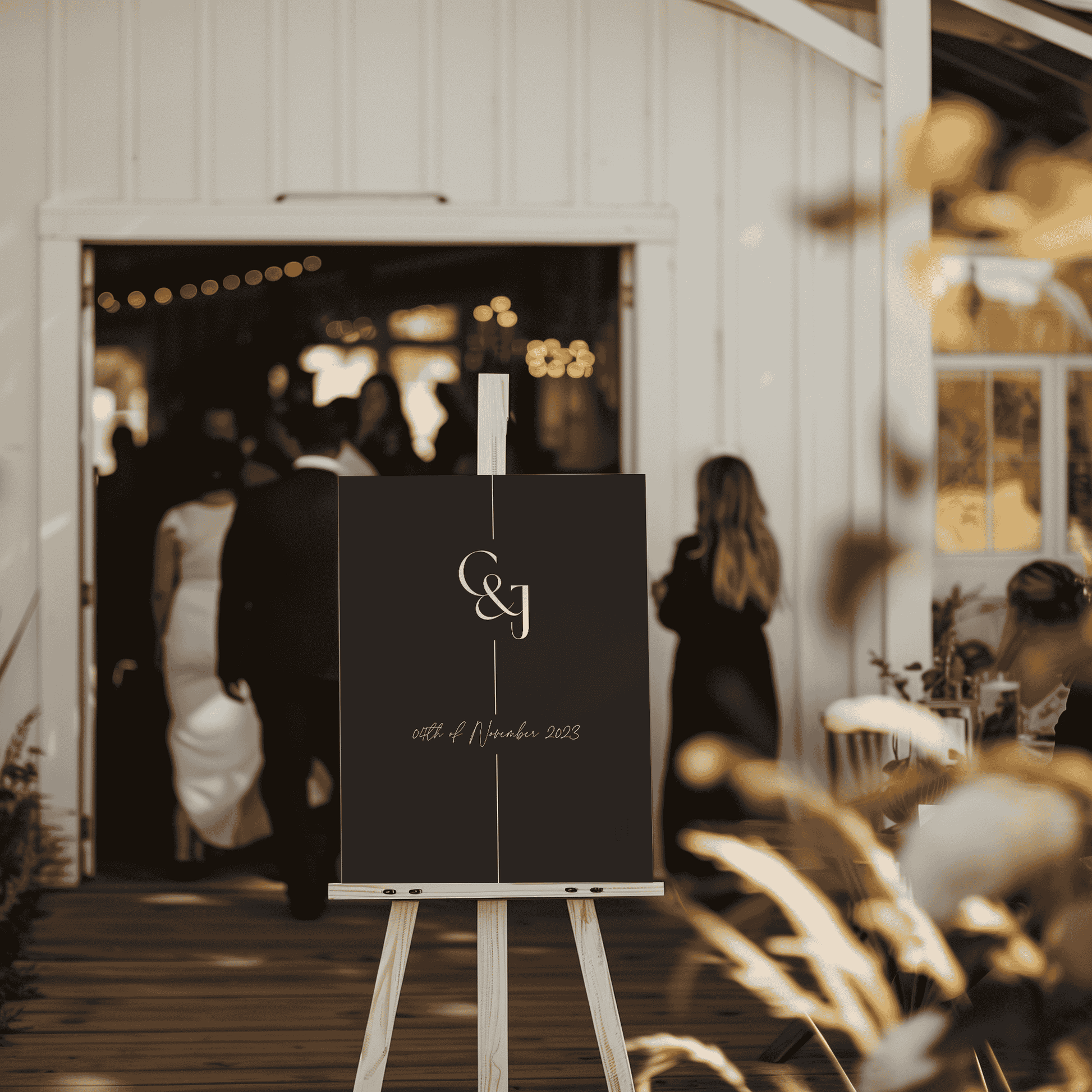 Black Tie wedding welcome sign on easel at venue entrance used as modern wedding signage for wedding event