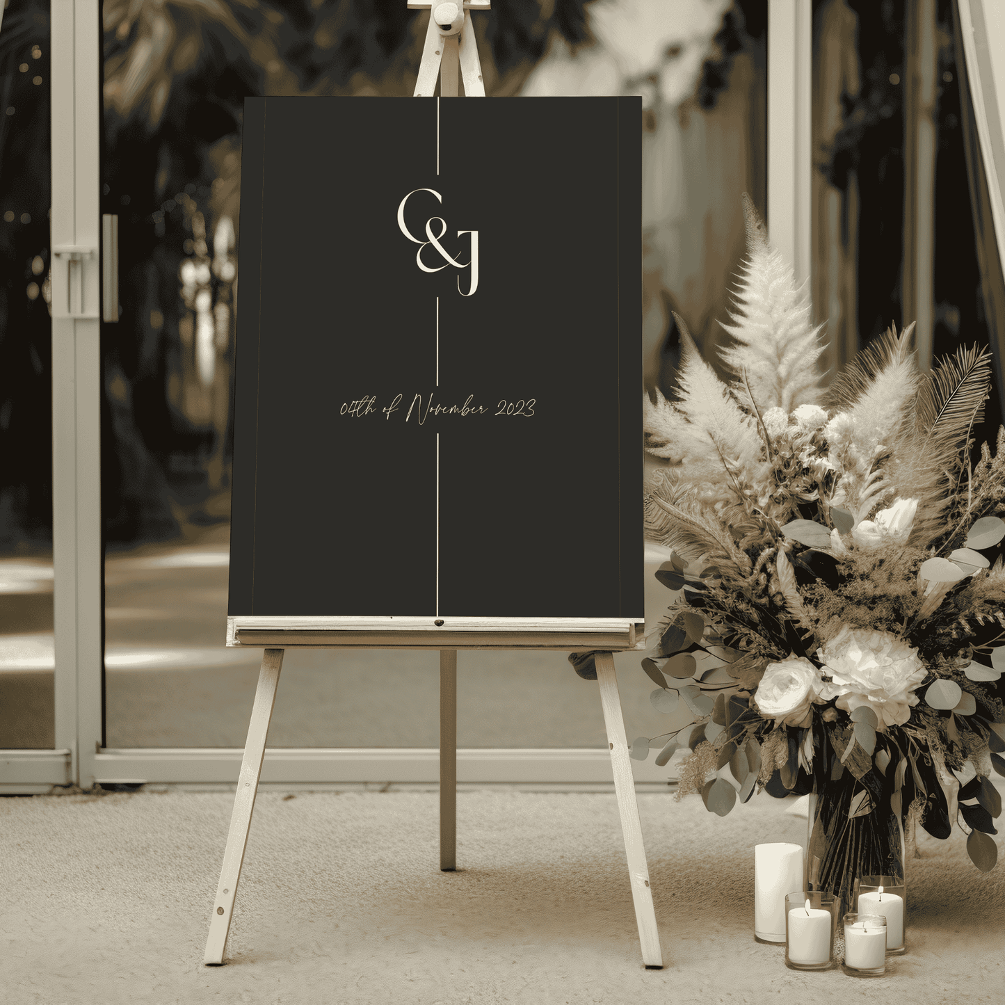 Black Tie wedding welcome sign styled with florals and candles for wedding decoration and wedding signage