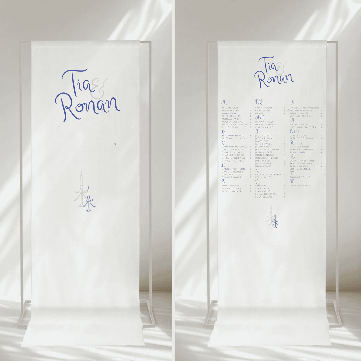Handwritten wedding signage bundle with candelabra detail includes fabric welcome sign and seating chart