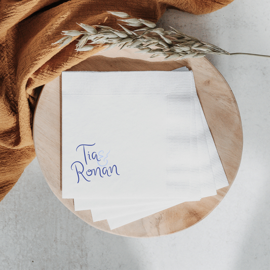 Custom wedding cocktail napkins with elegant calligraphy, perfect for Melbourne wedding stationery and event design