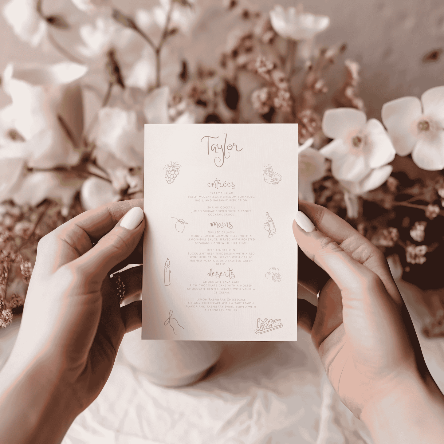 Candelabra menu card with hand-drawn food icons, held in hands against a soft floral background