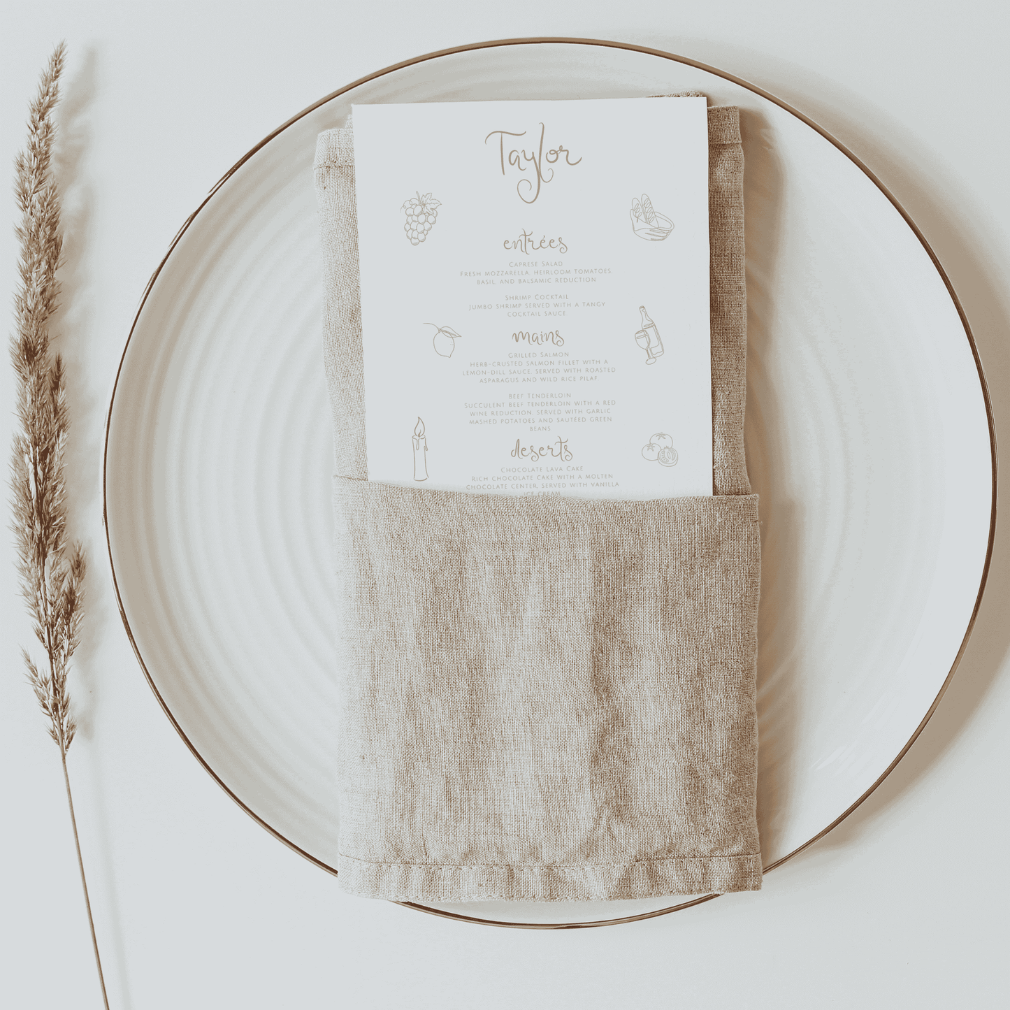 Candelabra menu tucked inside neutral linen napkin, styled on a ceramic plate with minimal table décor