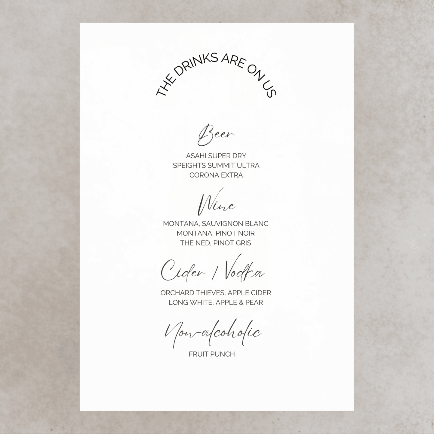 Printed wedding bar sign with drinks menu text, part of modern wedding stationery and bar signage for wedding
