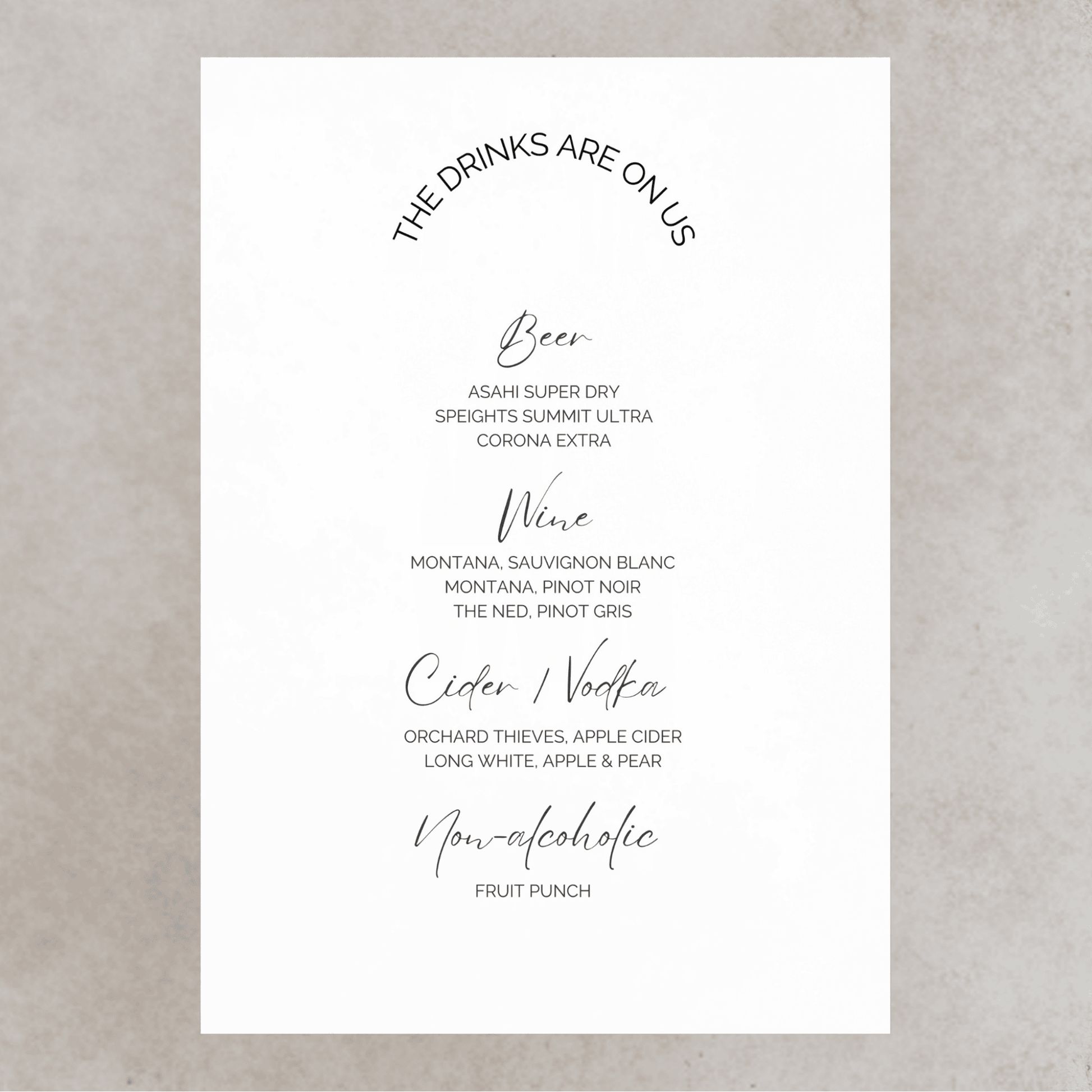 Printed wedding bar sign with drinks menu text, part of modern wedding stationery and bar signage for wedding