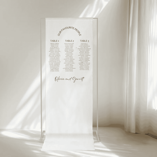 Classic fabric seating chart sign for weddings with guest names, perfect for timeless wedding stationery and table signs