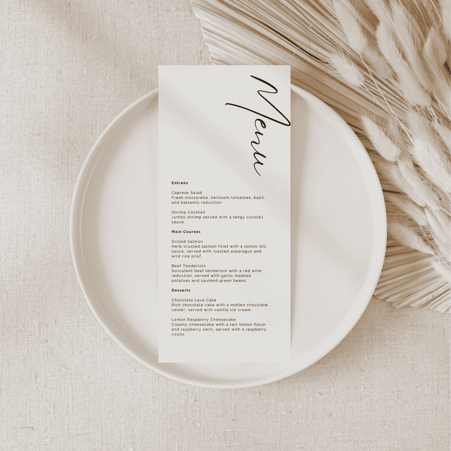 Wedding menu card for invitation suites and wedding stationery styled for table settings and event design