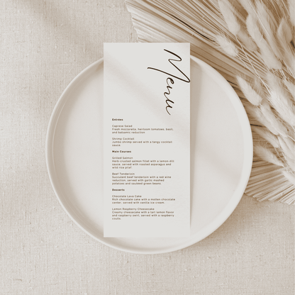 Wedding menu card for invitation suites and wedding stationery styled for table settings and event design