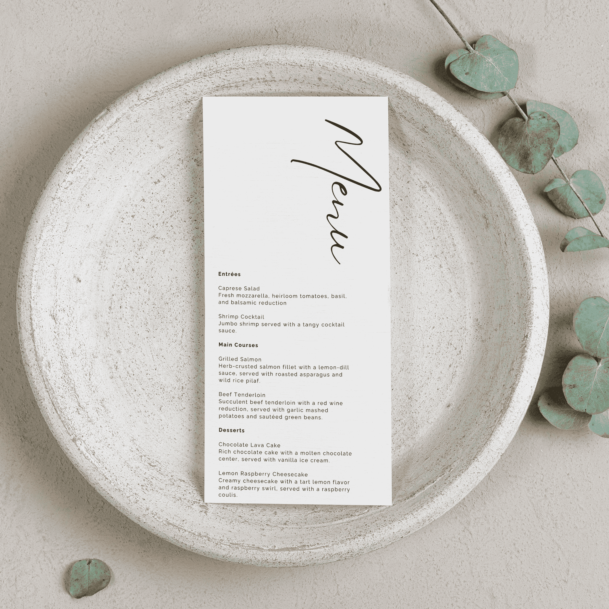 Wedding menu card styled with foliage for wedding invitation suites table signs and wedding table settings