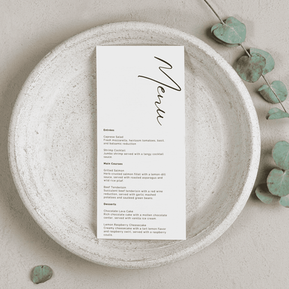 Wedding menu card styled with foliage for wedding invitation suites table signs and wedding table settings