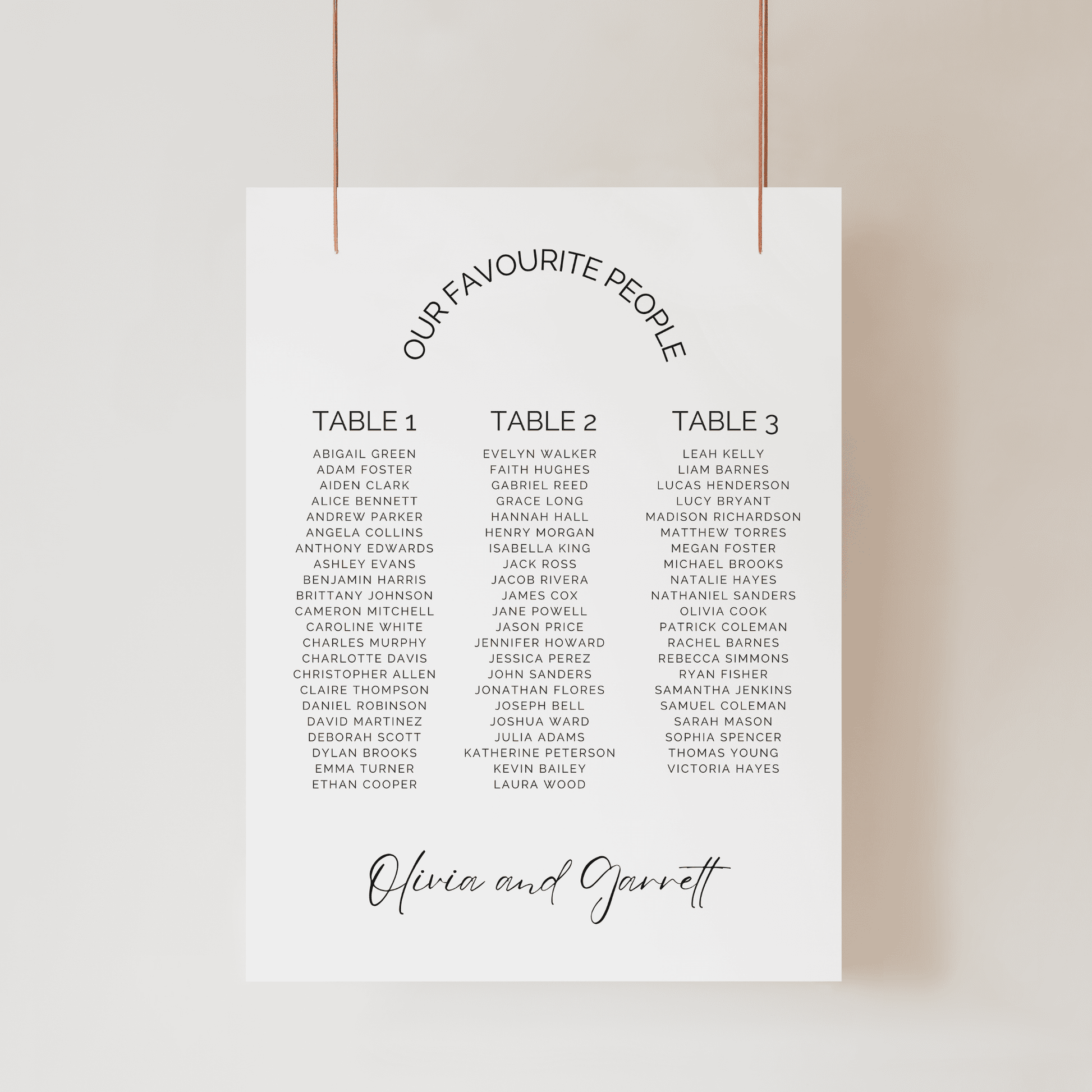 Close detail of Classic wedding seating sign featuring clean typography and structured guest list design