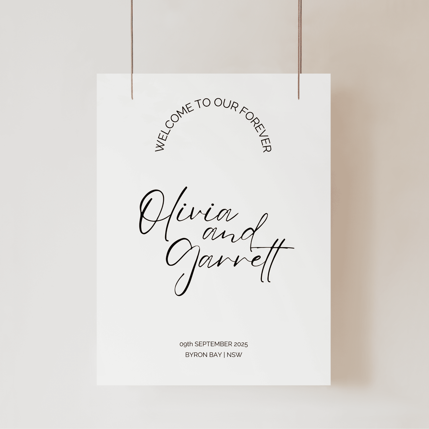 Classic wedding welcome sign with script names and date printed on modern wedding stationery for wedding signage
