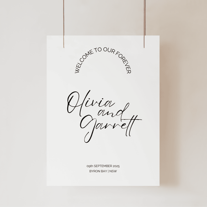 Classic wedding welcome sign with script names and date printed on modern wedding stationery for wedding signage