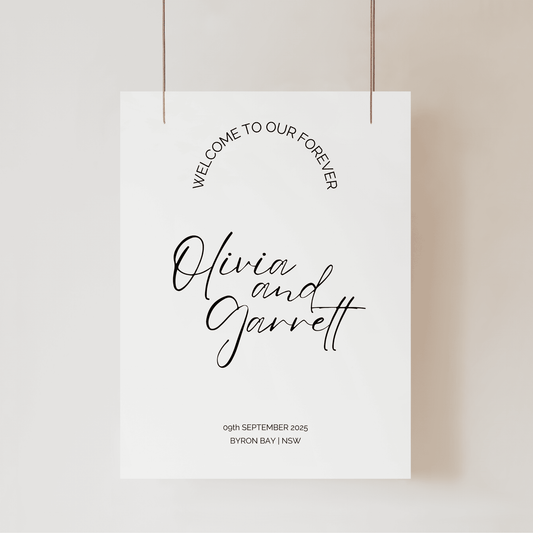 Classic wedding welcome sign with script names and date printed on modern wedding stationery for wedding signage