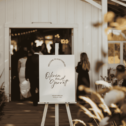 Classic wedding welcome sign on easel at venue entrance welcoming guests to wedding event and wedding signage