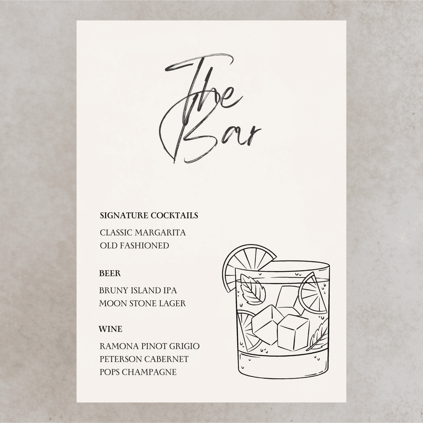 Daisy wedding bar sign with drink illustration, custom wedding signage for wedding reception styling