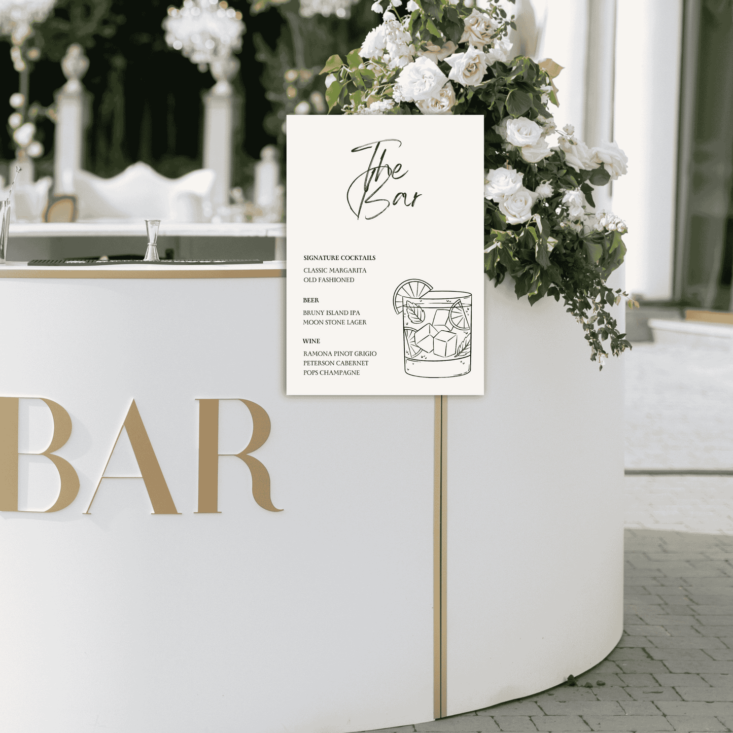 Daisy wedding bar sign at outdoor reception bar, wedding decoration and bar signage for wedding