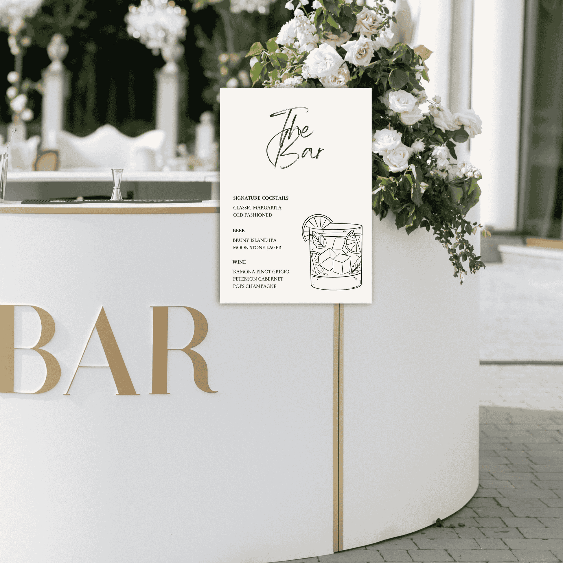Daisy wedding bar sign at outdoor reception bar, wedding decoration and bar signage for wedding