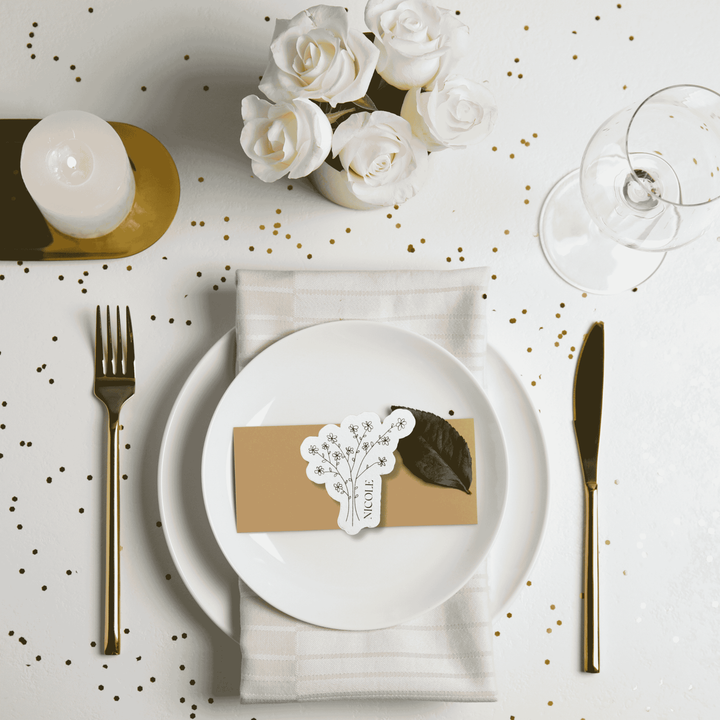 Daisy wedding place card styled on a table setting for wedding invitation suites wedding stationery and wedding decoration