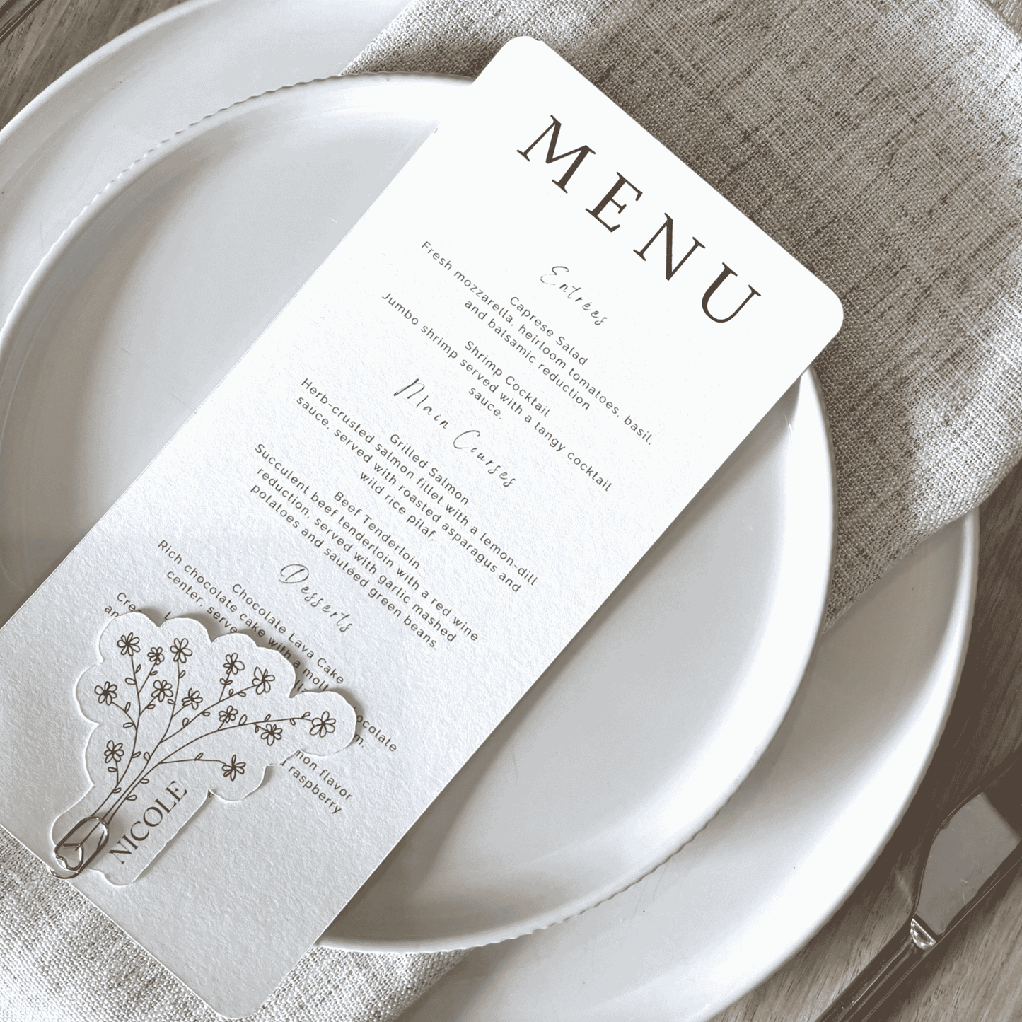 Daisy wedding menu and place card styled together for wedding invitation suites wedding stationery and table settings