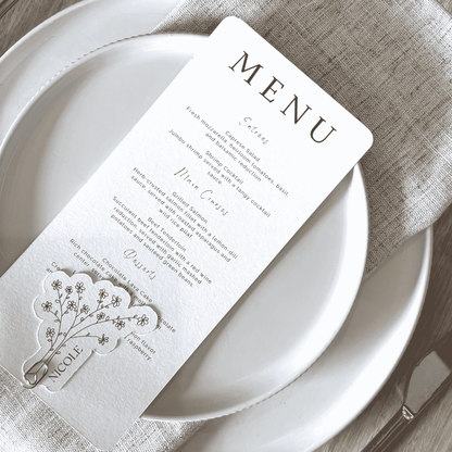 Daisy wedding menu and place card styled together for wedding invitation suites wedding stationery and table settings